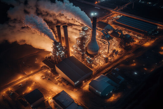 Aerial image of a steel mill at night, showing its smokestacks and pipe fire. a metallurgical output blast furnace may be seen in this industrial landmark. Generative AI