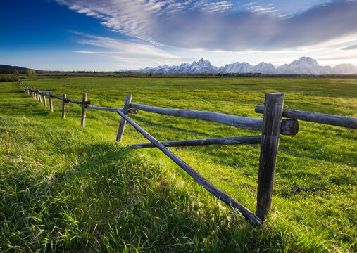 A ranching fence in Grand Teton National Park in late afternoon light, Wyoming.