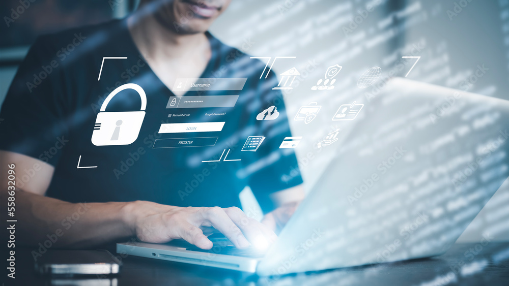 Poster hand using laptop with scan the protection system cyber security, login, user, identification inform