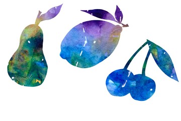 Set watercolor silhouettes fruit and berries on a white background