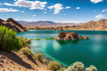 Naklejka premium Views of a lake with mountains in the background. the Charvak Reservoir in Uzbekistan. Asia's nature in general. Generative AI