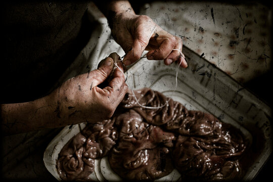 Old woman sewing the intestines of the pig, a necessary process during the elaboration of the sausages.