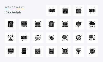 25 Data Analysis Solid Glyph icon pack. Vector icons illustration