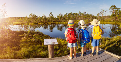 Children standing on the boardwalk on bog and looking on the lake. - 558633039