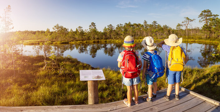 Children standing on the boardwalk on bog and looking on the lake.