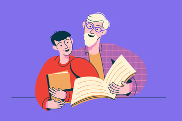 Happy grandfather with grandson reading book together. Senior man teaching his grandson