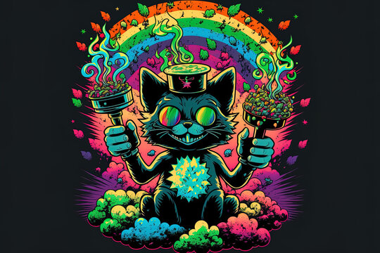 psychedelic cannabis joint and cat t shirt design. Cartoon character image for a logo. T shirt, poster, sticker, and logo art idea including a trippy cat, psychedelic kittie, smoking a joint, and mari