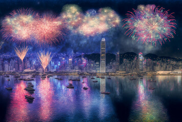 fireworks over the river china new year
