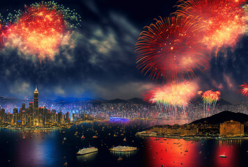 fireworks over the river,china new year