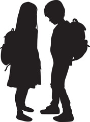 Silhouettes of a children with a backpack .	