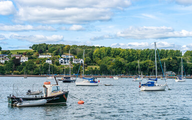 Boats and Yachts on River Dart over Dittisham and Greenway Quay, Devon, England