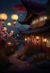 Beautiful traditional chinese house with the decorative roof and glowing lanterns, Chinese Lantern Festival, twilight scene, Generative AI