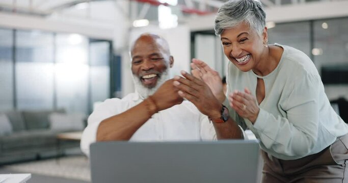 Business people, group celebration and office dance with happy workers, crypto or fintech goal. Black man, woman and excited for finance, investment and success on stock market, digital nft or profit