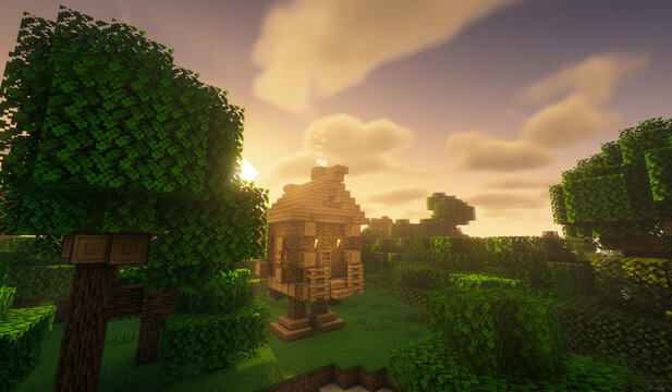 Minecraft Game – January 05 2023: Sample of Forest Witch house in Minecraft Game 3D illustration. Editorial