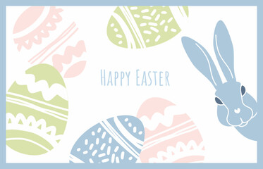 Easter card. Easter eggs, rabbit and an inscription isolated on a white background with blue edging. Vector illustration in pastel pink and blue colors.