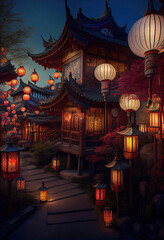 Beautiful traditional chinese house with a decorative roof with many glowing lanterns, Chinese Lantern Festival, twilight scene, Generative AI