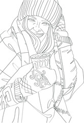 The girl is holding a drink in her hand. Antistress coloring. Vector black and white illustration