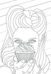 The girl is holding a cupcake in her hand. Antistress coloring. Vector black and white illustration