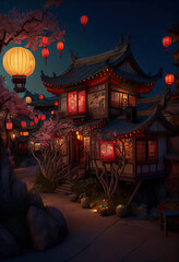 Beautiful traditional chinese house with a decorative roof with glowing chinese lanterns, night scene, Generative AI