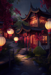 Beautiful traditional chinese house with glowing Chinese lanterns, twilight scene, Chinese Lantern Festival, Generative AI