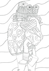 Vector illustration: a woman holds a small child in her arms. Antistress coloring page