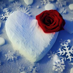 Valentinstag, Rose und Herz im Schnee, Herz aus Eis, Herz aus Schnee, Schneerose,