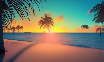 Fototapeta na wymiar 3D Illustration of a Beautiful colorful sunset on tropical ocean beach with palm trees and leaves. Generative Ai.