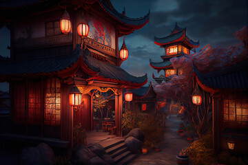Beautiful chinese village with traditional houses decorated for the Chinese Lantern Festival, glowing Chinese lanterns, twilight scene, Generative AI