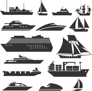 Ships and boats icons. Barge, cruise ship, shipping fishing boat vector signs