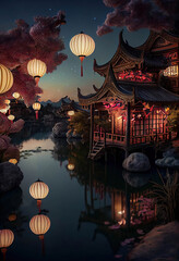 Beautiful traditional chinese lake house with glowing chinese lanterns at twilight, Generative AI