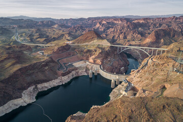 Hoover Dam in Nevada. Mountain and Colorado River in Background. Sightseeing Place. USA