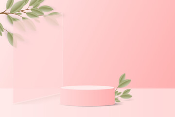 Pink pastel color minimal scene in studio room. realistic 3d pink cylinder podium pedestal stand with tropical palm leaf and rectangle glass shape . Product display Presentation. Stage for showcase.