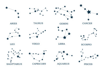 Set of zodiac signs Aries, Taurus, Leo, Gemini, Virgo, Scorpio, Libra, Aquarius, Sagittarius, Pisces, Capricorn, Cancer. Vector pattern for astrological, esoteric, magic sessions, personality re