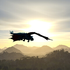 Illustration of a dragon flying into the distance during a sunrise with mountains and trees underneath.
