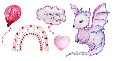 Baby shower set with cartoon pink and lilac dragon with wings, balloon, heart, pony rainbow. Cloud lettering 