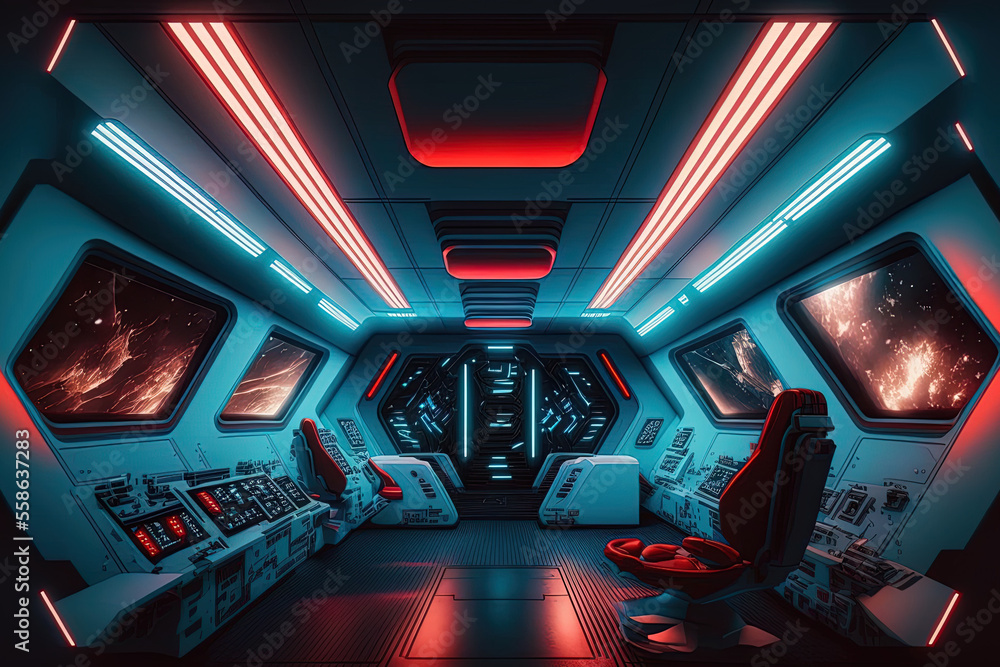 Poster interior of white spaceship with blue and red lights that are glowing. futuristic spacecraft with a 
