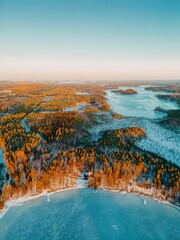 Finland lake landscape in sunrise drone