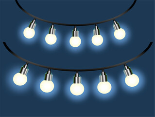 A garland of bright white light bulbs. Black cord. Blue background