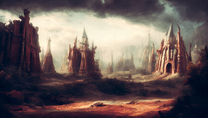 Naklejka premium Abandoned and ruined temple on the wasteland. Generative AI
