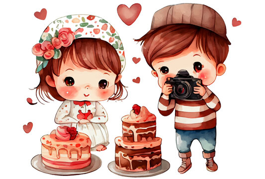 watercolor cartoon style couple in love with cake isolated on white background . Cartoons flat vector illustration
