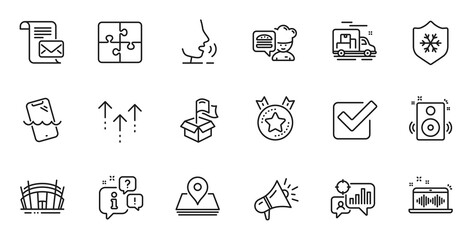 Outline set of Clean skin, Speakers and Seo statistics line icons for web application. Talk, information, delivery truck outline icon. Include Pin, Ranking star, Arena stadium icons. Vector