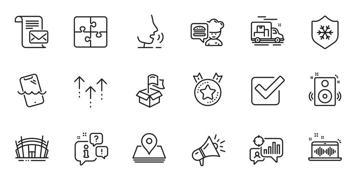 Outline set of Clean skin, Speakers and Seo statistics line icons for web application. Talk, information, delivery truck outline icon. Include Pin, Ranking star, Arena stadium icons. Vector