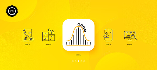 Fototapeta na wymiar Seo analytics, Report and Warning message minimal line icons. Yellow abstract background. Roller coaster, Wholesale goods icons. For web, application, printing. Vector