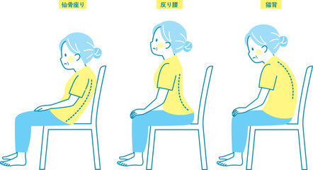 シニア女性の座った悪い姿勢のイラストセット