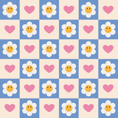 Retro groovy seamless pattern with daisy and hearts on a checkered background. Cute trendy vector illustration in style 60s, 70s.