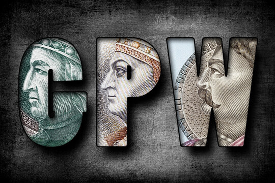 Inscription GPW (Abbreviation related to Stock Exchange in Poland) text made of Polish Banknotes 