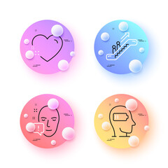 Escalator, Weariness and Face attention minimal line icons. 3d spheres or balls buttons. Heart icons. For web, application, printing. Elevator, Mind fatigue, Exclamation mark. Love. Vector