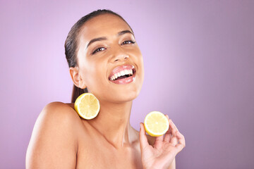 Beauty, portrait and black woman with lemon for facial skincare glow, vitamin c detox and wellness....