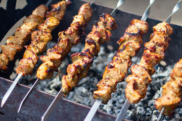 Juicy meat is grilled on the grill in the summer. Marinated meat on fire. Rest, delicious food