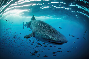 Landscape of a whale shark, giant sea fish, adventure, diving, and snorkeling. Generative AI